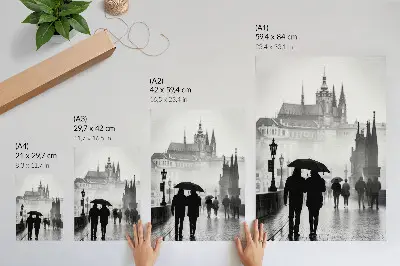 Art print featuring a couple walking in the rain amidst historic architecture