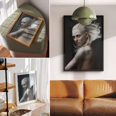 Decorative poster featuring a delicate white hair focus on a dark background