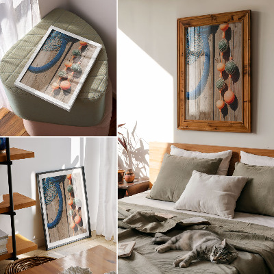 Decorative poster Colorful buoys, wooden wall, sea accents