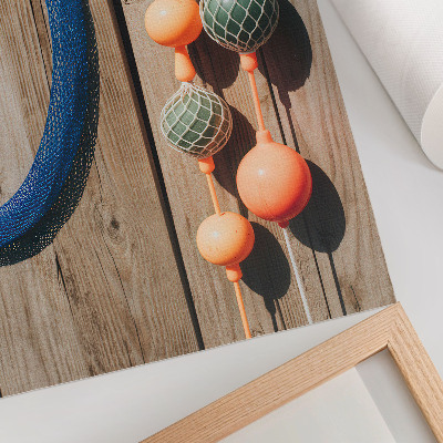 Decorative poster colorful buoys on a wooden wall with sea accents