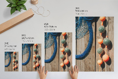 Decorative poster colorful buoys on a wooden wall with sea accents