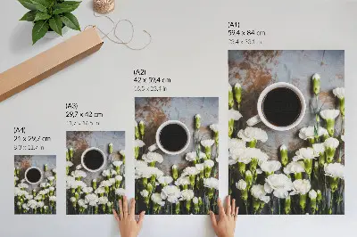 Art print a cup of coffee and white carnations