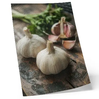 Garlic on wood poster with a rustic and authentic nature atmosphere