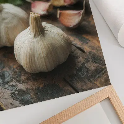 Garlic on wood poster with a rustic and authentic nature atmosphere