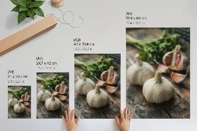 Garlic on wood poster with a rustic and authentic nature atmosphere