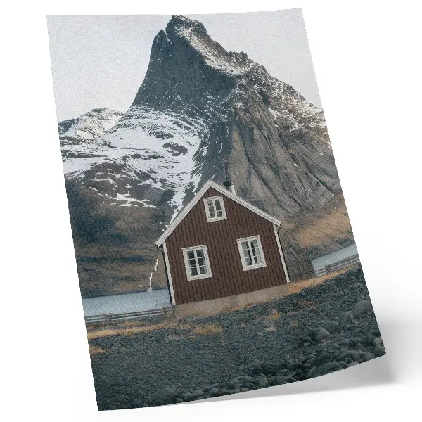 Art print mountain landscape with a wooden house and snowy peaks