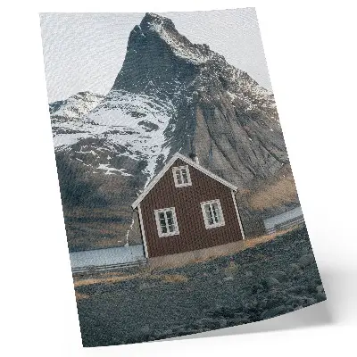 Art print mountain landscape with a wooden house and snowy peaks