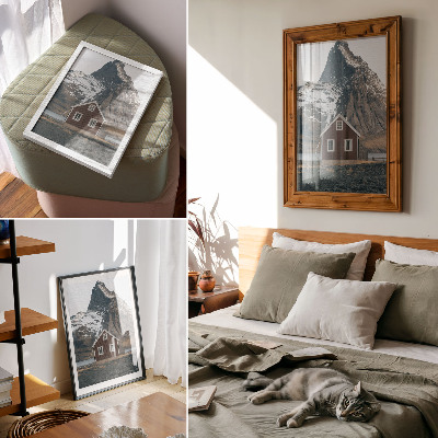 Art print Mountain landscape, wooden house, snowy peaks