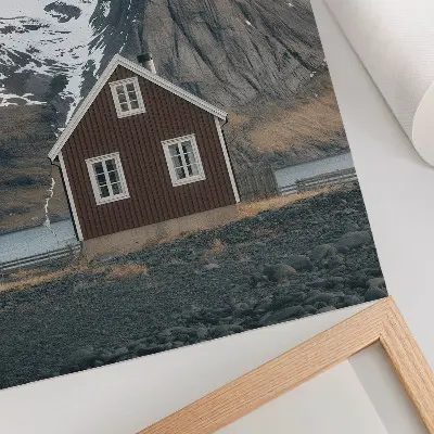 Art print mountain landscape with a wooden house and snowy peaks
