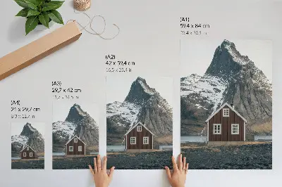 Art print mountain landscape with a wooden house and snowy peaks