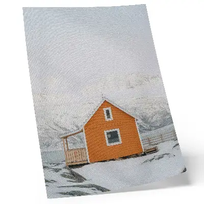 Decorative poster minimalist orange house and snowy mountains with frame