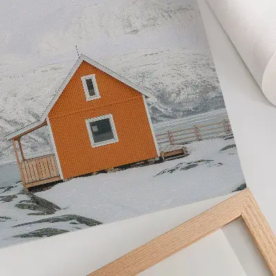 Decorative poster minimalist orange house and snowy mountains with frame