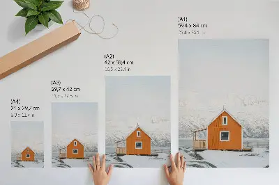 Decorative poster minimalist orange house and snowy mountains with frame