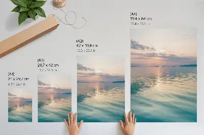 Poster calm water surface with bridge at sunset