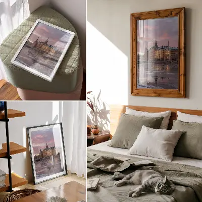 Art print city panorama with sunset and ice fragments