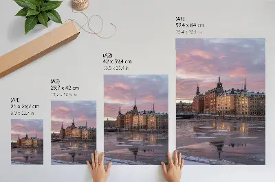 Art print city panorama with sunset and ice fragments