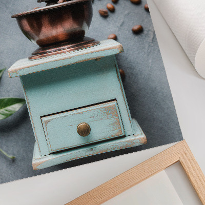 Decorative poster Old turquoise coffee grinder, coffee beans, green leaves