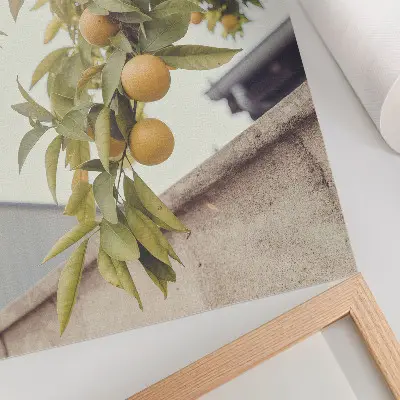 Decorative poster tree branch with sun and green leaves in orange tones