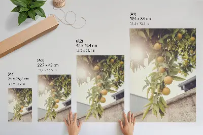 Decorative poster tree branch with sun and green leaves in orange tones