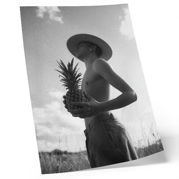Poster monochrome figure wearing a hat in a pineapple field