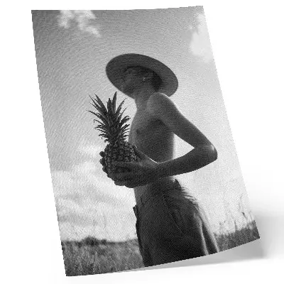 Poster monochrome figure wearing a hat in a pineapple field
