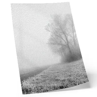 Decorative poster featuring a peaceful winter landscape with subtle fog and trees