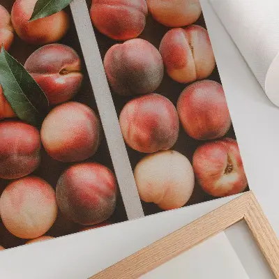 Peaches with leaves in a wooden box poster