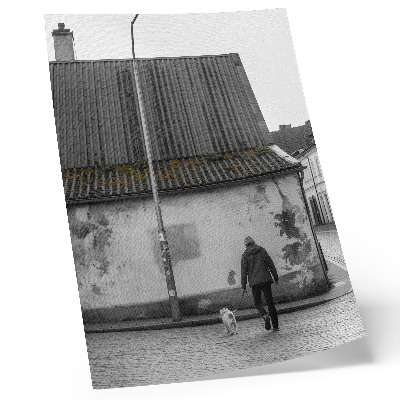 Art print A person with a dog in front of an old building
