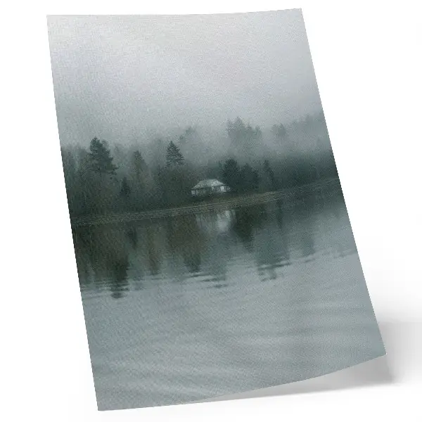Poster quiet landscape featuring fog, trees, and a house with a reflection