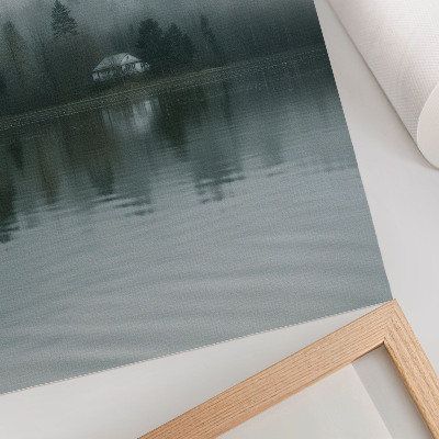 Poster Fog, trees, house, reflection, quiet landscape