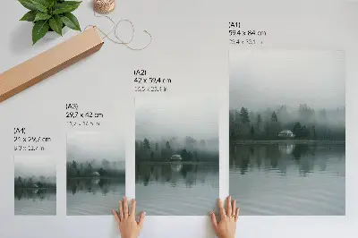 Poster quiet landscape featuring fog, trees, and a house with a reflection
