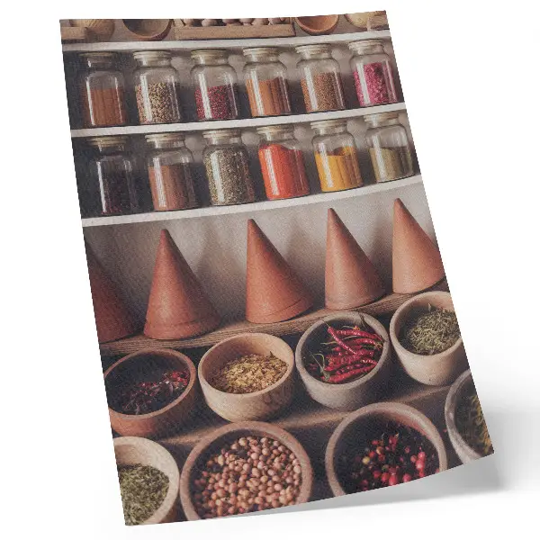 Premium wall art spices in jars with wood and ceramic elements in warm colors