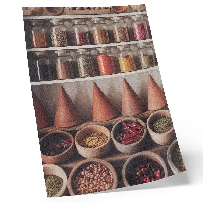 Premium wall art spices in jars with wood and ceramic elements in warm colors