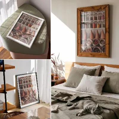 Premium wall art spices in jars with wood and ceramic elements in warm colors