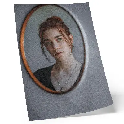 Art print woman in the mirror in warm colors conveying an expression of peace