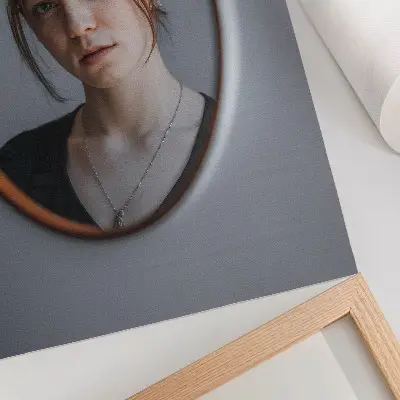 Art print woman in the mirror in warm colors conveying an expression of peace