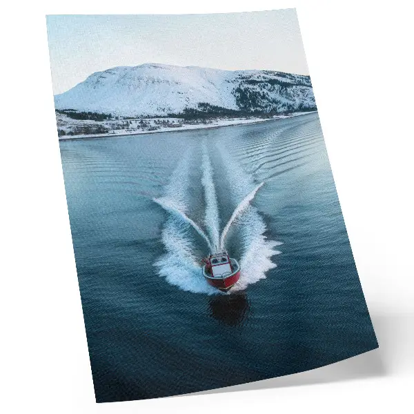 Snow-capped mountains lake motorboat poster dynamics view