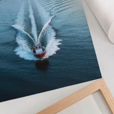 Snow-capped mountains lake motorboat poster dynamics view