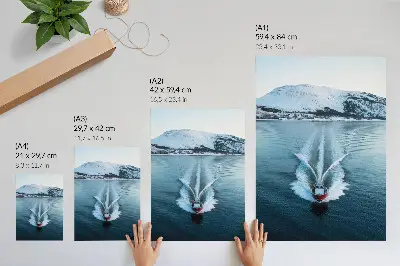 Snow-capped mountains lake motorboat poster dynamics view