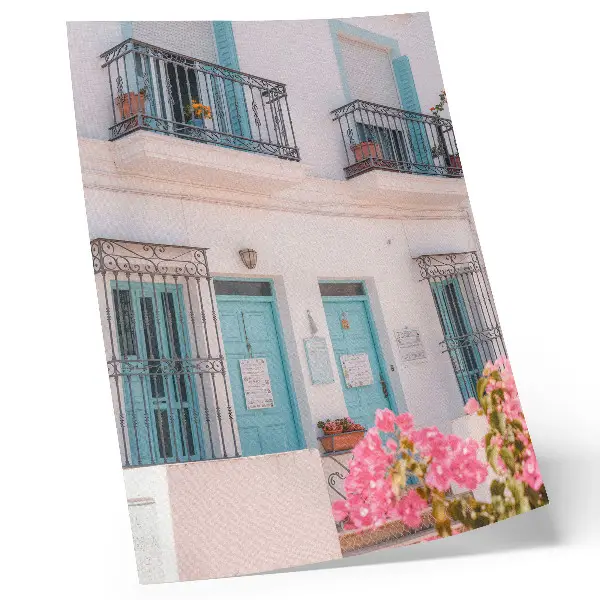 Art print pastel blue with balcony and floral details