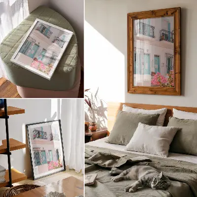 Art print pastel blue with balcony and floral details