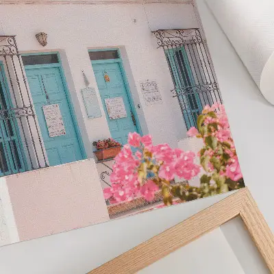 Art print pastel blue with balcony and floral details