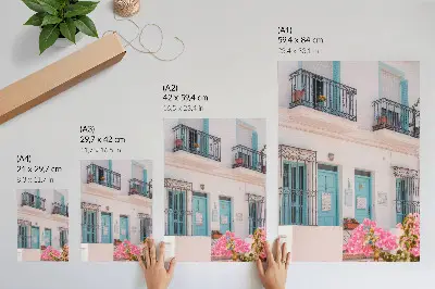 Art print pastel blue with balcony and floral details