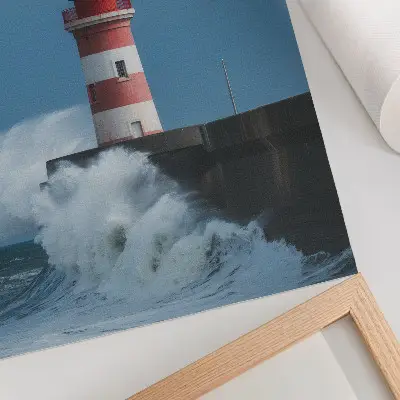 Lighthouse poster featuring blue sky and sea waves