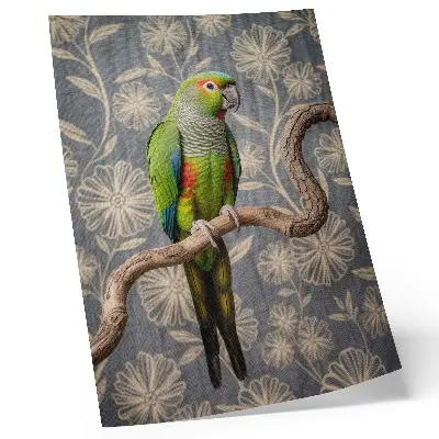 Premium wall art parrot on a branch with cream flowers and a blue background
