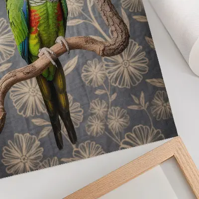 Premium wall art parrot on a branch with cream flowers and a blue background