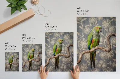Premium wall art parrot on a branch with cream flowers and a blue background