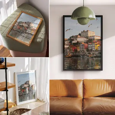 Poster colorful tenement houses with elegant ships and seagulls