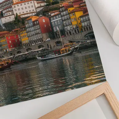 Poster colorful tenement houses with elegant ships and seagulls