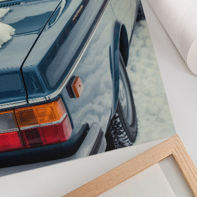 Art print Retro car in snow blue white background